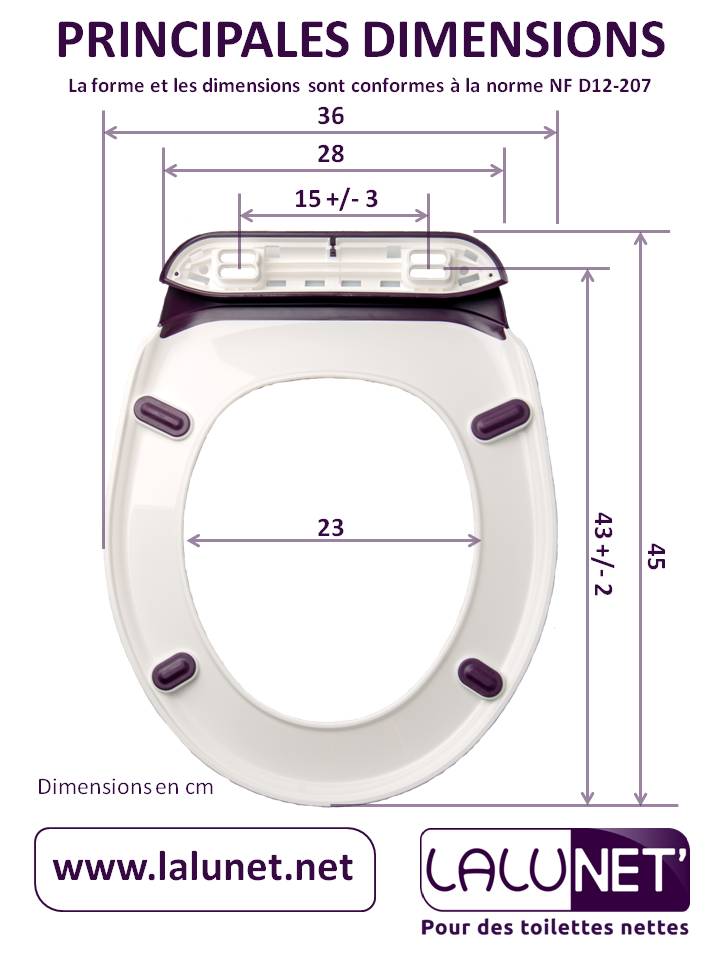 Principales dimensions de l&rsquo;abattant WC Lalunet&rsquo;, en cm, conformes &agrave; la norme NF D12-207