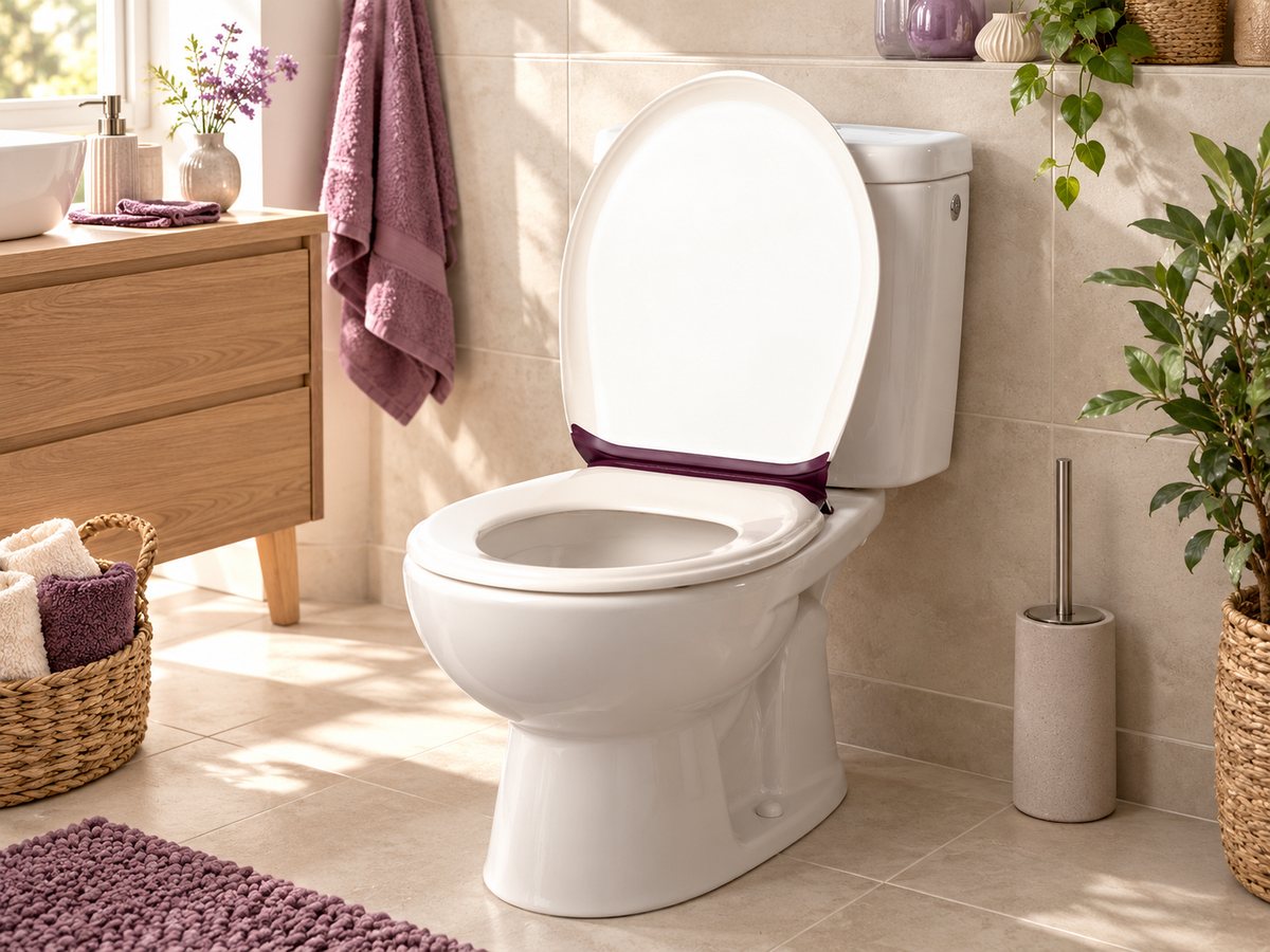 Illustration : abattant WC Lalunet’ Blanc / Prune dans une salle de bain familiale