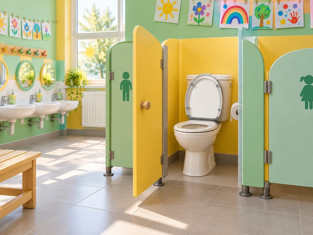 Illustration : abattant WC Lalunet’ Blanc / Gris dans les sanitaires d’une école