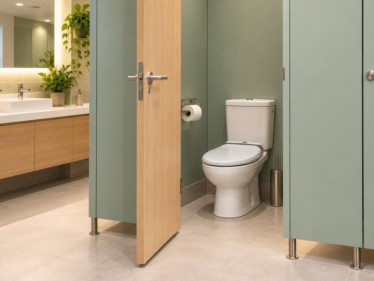 Illustration : abattant WC Lalunet&rsquo; Blanc / Gris dans des sanitaires de bureaux