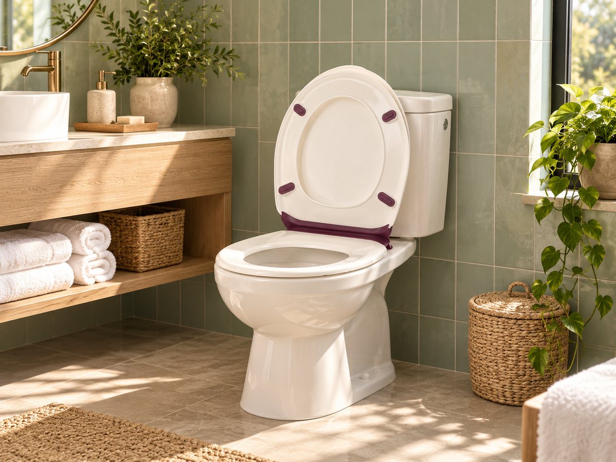 Illustration : abattant WC Lalunet’ Blanc / Prune dans une salle de bain d’hôtel