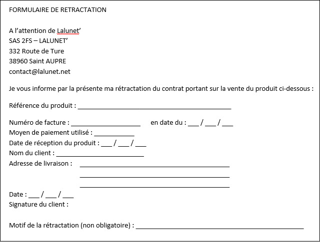 Formulaire de rétractation Lalunet'